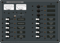 13-position DC electrical distribution panel with analog volt and ammeters and battery bank selector switch