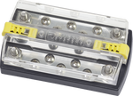 Blue Sea 150A dual busbar with 5 terminals, 1/4 inch studs and clear polycarbonate cover with yellow clips