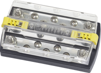Blue Sea 150A dual busbar with 5 terminals, 1/4 inch studs and clear polycarbonate cover with yellow clips