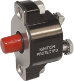 Blue Sea 15A push button reset-only circuit breaker with red reset button and rear terminals