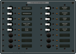 16-position 12V DC distribution panel with toggle circuit breakers, LED indicators, and backlit labels