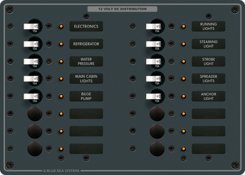 16-position 12V DC distribution panel with toggle circuit breakers, LED indicators, and backlit labels