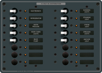 16-position 12V DC distribution panel with toggle circuit breakers, LED indicators, and backlit labels