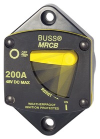 Blue Sea 200A panel mount circuit breaker with yellow manual reset lever and mounting holes