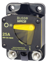 Blue Sea 25A surface mount thermal circuit breaker with yellow reset lever and threaded terminals