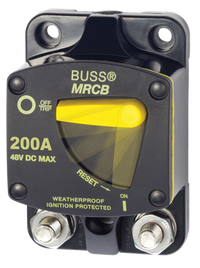 Blue Sea 187-Series 200A surface mount thermal circuit breaker with manual yellow reset lever and M8 studs