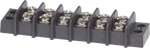 Black 6-circuit terminal block with twelve screw terminals and protective isolation barriers