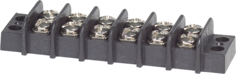 Black 6-circuit terminal block with twelve screw terminals and protective isolation barriers