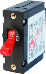 Single-pole 20A A-Series circuit breaker with a red toggle switch and side technical label