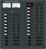 Blue Sea DC distribution panel with 22 positions, dual analog meters and backlit circuit labels
