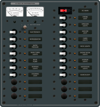 Blue Sea DC distribution panel with 22 positions, dual analog meters and backlit circuit labels