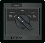 Front view of 230V 65A rotary AC source selector switch panel with shore and generator inputs