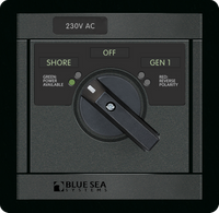 Front view of 230V 65A rotary AC source selector switch panel with shore and generator inputs