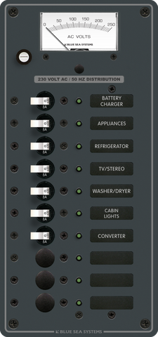 Blue Sea 230V AC 10 position marine distribution panel with analogue voltmeter and 8A circuit breakers