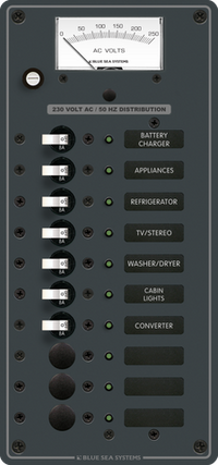 Blue Sea 230V AC 10 position marine distribution panel with analogue voltmeter and 8A circuit breakers
