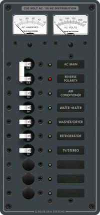 Blue Sea 230V 16A main and 8 position AC electrical distribution panel with analog meters and backlit labels