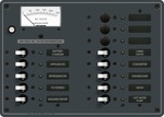 Blue Sea 230V AC 13-position marine distribution panel with analogue voltmeter and backlit labels