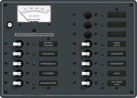 Blue Sea 230V AC 13-position marine distribution panel with analogue voltmeter and backlit labels