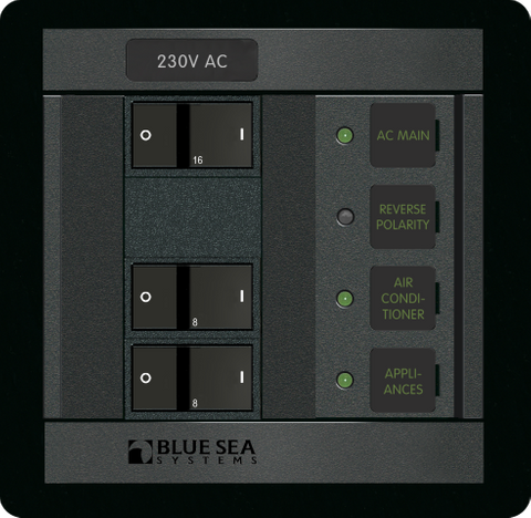 Blue Sea 230VAC 2 position Panel 360 distribution panel with rocker switches and green LED indicators