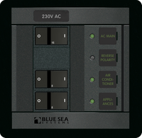 Blue Sea 230VAC 2 position Panel 360 distribution panel with rocker switches and green LED indicators