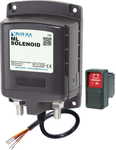 Blue Sea 24V 500A ML Series magnetic latching solenoid with remote control rocker switch