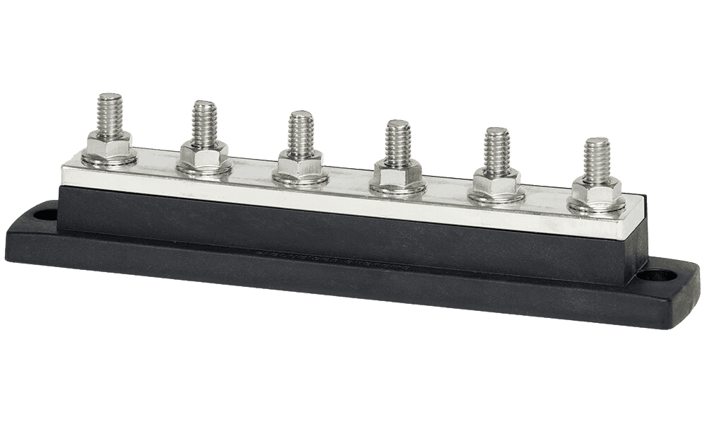 Side view of 250A busbar with six 5/16 inch studs, tin-plated copper plate and black insulating base