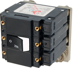 Triple-pole 250A flat rocker circuit breaker with white off-position indicator and threaded mounting points