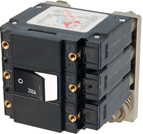 Triple-pole 250A flat rocker circuit breaker with white off-position indicator and threaded mounting points