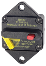 Blue Sea 25A thermal circuit breaker with yellow reset lever and red trip button for panel mounting