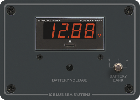 Blue Sea digital DC voltmeter panel with 4-digit red LED display and 3-bank selector switch