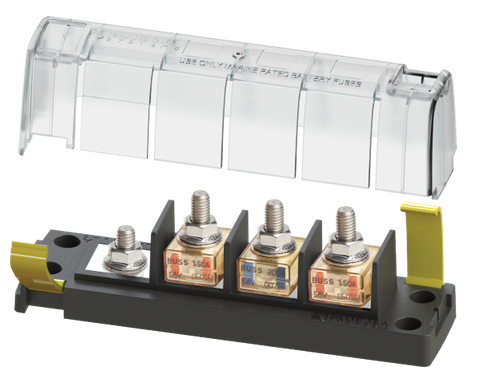 Blue Sea 3-circuit MRBF fuse block with common negative terminal and clear insulating cover BS-5196B