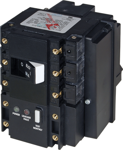 Blue Sea 3-pole 50A 240VAC ELCI shore power protection switch with white toggle and test button