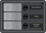 Slate grey Blue Sea 3-position DC switch panel with fused rocker switches and circuit labels