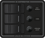 Black 3-position marine DC distribution switch panel with rocker switches and waterproof circuit breakers