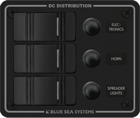 Black 3-position marine DC distribution switch panel with rocker switches and waterproof circuit breakers