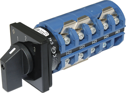 Blue Sea 3-position rotary AC source selector switch with black knob and blue heavy-duty screw terminals