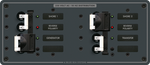 Front view of a 3-source AC distribution panel with circuit breakers, status LEDs and source lockout slides