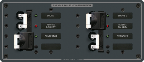 Front view of a 3-source AC distribution panel with circuit breakers, status LEDs and source lockout slides