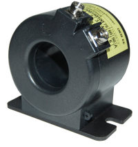 Black AC current transformer with central aperture, screw terminals, and a flanged mounting base