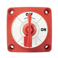 Front view of a Red Blue Sea Mini m-Series on-off battery switch with lockable lever