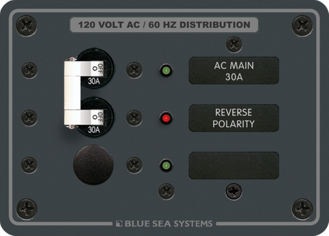 Blue Sea 30A AC distribution panel with main circuit breaker, status LEDs and reverse polarity warning indicator