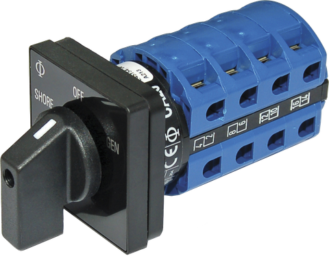 30A rotary source selector switch with Shore, Off, and Generator positions on a black faceplate