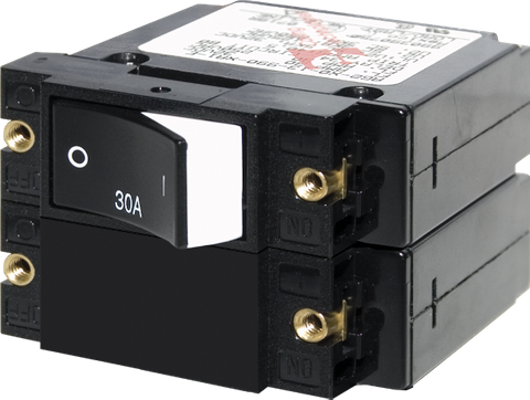 Blue Sea 30A double-pole circuit breaker with black raised rocker switch and brass mounting inserts