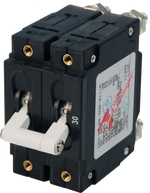 Blue Sea 30A double-pole toggle circuit breaker with white switch and side technical label