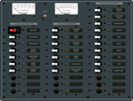 32-position DC distribution panel with analogue ampere and volt meters, circuit breakers and status LEDs