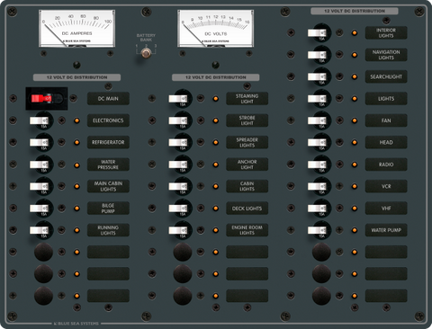 32-position DC distribution panel with analogue ampere and volt meters, circuit breakers and status LEDs