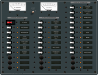 32-position DC distribution panel with analogue ampere and volt meters, circuit breakers and status LEDs