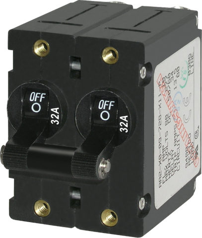 Black 32A double-pole toggle circuit breaker with linked handle and brass threaded mounting holes