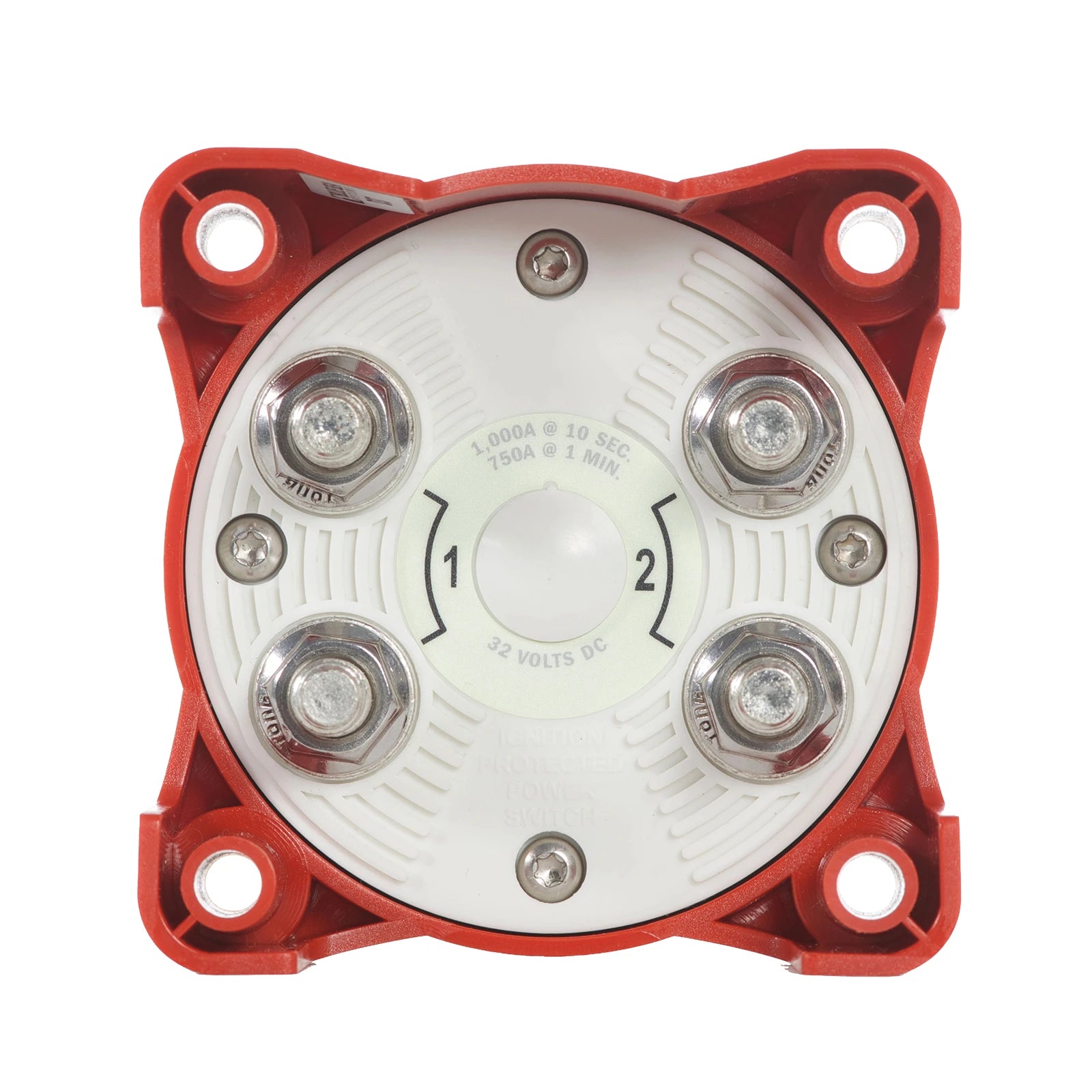 Rear view of battery switch with four tinned copper terminals and four corner mounting holes