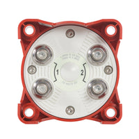 Rear view of battery switch with four tinned copper terminals and four corner mounting holes
